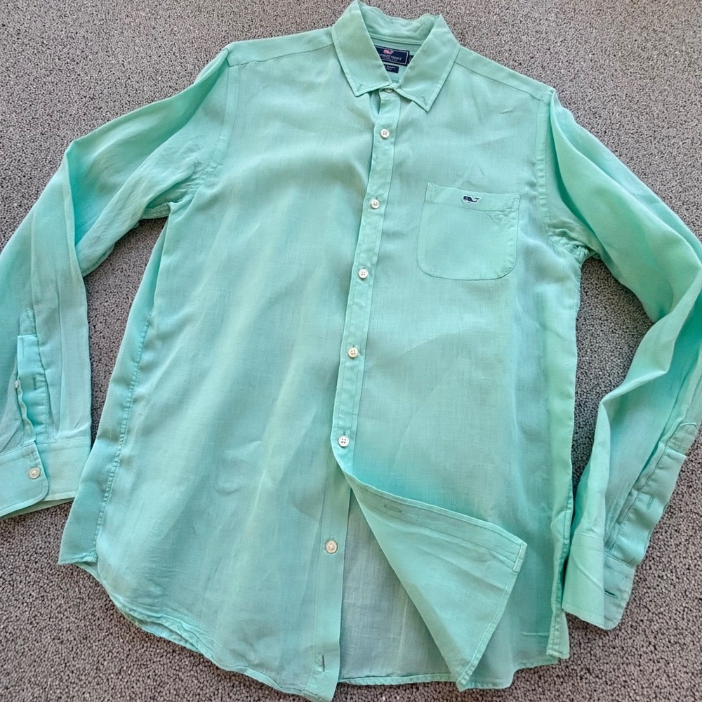 Vineyard Vines Linen Shirt Mens M Mint Green Long Sleeve Coastal Preppy - Picture 2 of 6